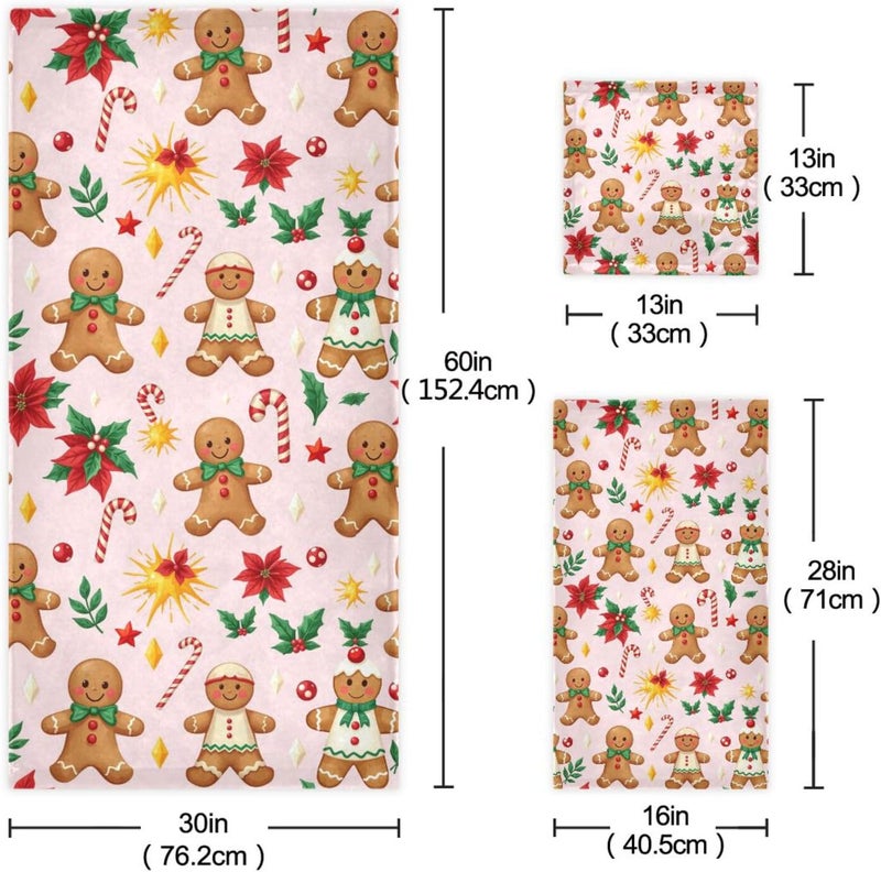 Dussdil Merry Christmas Pink Gingerbread Bathroom Towel Set of 3 Pcs Hand Fingertip Towels 1 Bath Towel 1 Hand Towel 1 Washcloth for Home Bathroom House Swim Soft Highly Absorbent Multipurpose Decor - Image 2